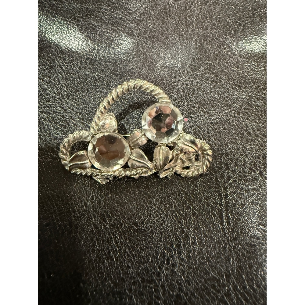 Vintage Silver Tone‎ Floral Basket Brooch Clear Faceted Crystal Rhinestone Pin